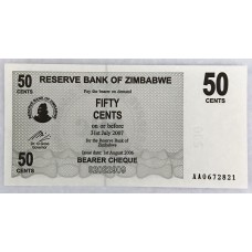ZIMBABWE 2007 . FIFTY 50 CENTS BANKNOTE